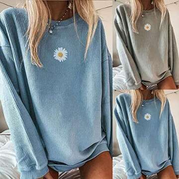 PGOJUNI Women Y2K Sweatshirt, Fashion Floral Cute Tshirts Tops Daily Casual Loose Fit Comfy Fall Clothing Long Sleeve Sweatshirts
