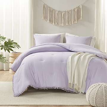 Codi Lavender Purple Boho Twin Comforter Set for Girls, Aesthetic Pom Fringe Design Cute Bedding, Soft Washed Microfiber Bed Sets, Lightweight Chic,1 Comforter & 1 Pillowcase (68x90 Inches)