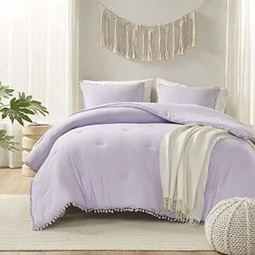Codi Lavender Purple Boho Twin Comforter Set for Girls, Aesthetic Pom Fringe Design Cute Bedding, Soft Washed Microfiber Bed Sets, Lightweight Chic,1 Comforter & 1 Pillowcase (68x90 Inches)
