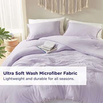 Codi Lavender Purple Boho Twin Comforter Set for Girls, Aesthetic Pom Fringe Design Cute Bedding, Soft Washed Microfiber Bed Sets, Lightweight Chic,1 Comforter & 1 Pillowcase (68x90 Inches)