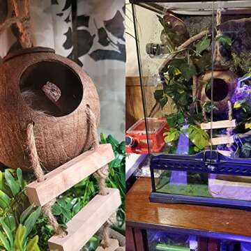 MUYG Crested Gecko Coconut Hut with Ladder,Natural Bearded Dragon Coco Den Reptile Shell Hideout Hus...