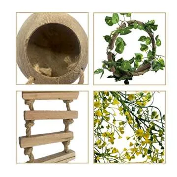 MUYG Crested Gecko Coconut Hut with Ladder,Natural Bearded Dragon Coco Den Reptile Shell Hideout Husk Hut Climbing Plants Leaves Tank Accessories for Lizard Chameleon Snakes