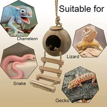 MUYG Crested Gecko Coconut Hut with Ladder,Natural Bearded Dragon Coco Den Reptile Shell Hideout Husk Hut Climbing Plants Leaves Tank Accessories for Lizard Chameleon Snakes