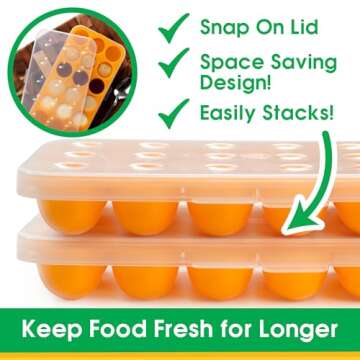 Silicone Baby Reusable Food Storage Tray (2 Pack) - Pop Out 1oz Portion Silicone Stackable Freezer Tray, Snap-on Lid, Non Toxic BPA & PVC Free, Dishwasher &Microwave Safe, Healthy Meal Prep, Gift