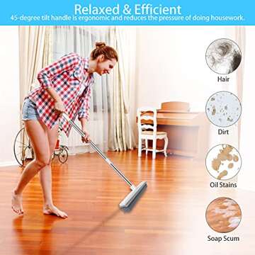 YFJQTZX Push Broom Pet Hair Removal Broom with Squeegee, Soft Silicone Bristle Broom with 47" Adjustable Long Handle, Non Scratch Carpet Sweeper Brush for Cat/Dog Hair Hardwood Tile Windows