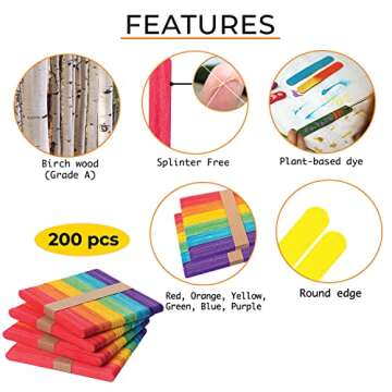 Apremont 200 pcs Colored Wooden Craft Sticks, Popsicle Stick, Arts and Crafts, Best for DIY Games Making, Building Designs or Kids Education, 4.5 inch Long (4.5 Inches, Mixed Colors)