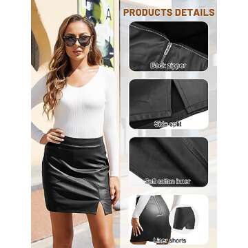 We1Fit Womens Fuax Leather Skirt High Waisted Bodycon Slit Pencil Mini Skirts with Shorts Black