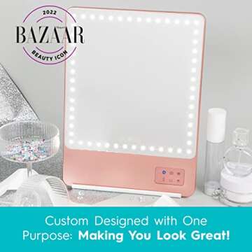 Glamcor Riki Skinny Smart Vanity Mirror with HD LEDs, Magnifying Mirror Attachment, Phone Holder and Bluetooth Control (Rose Gold, 5X Magnification)