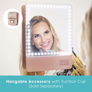 Glamcor Riki Skinny Smart Vanity Mirror with HD LEDs, Magnifying Mirror Attachment, Phone Holder and Bluetooth Control (Rose Gold, 5X Magnification)