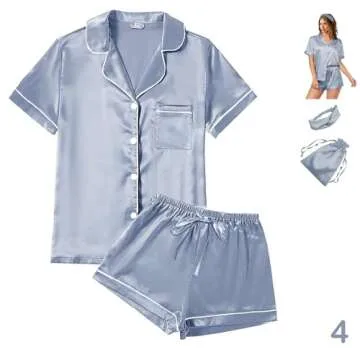 4Pcs Womens Satin Silky Pajama Sets Short Sleeve Shirt XS-4XL Floral Pajamas Set Soft PJ Loungewear Sleepwear