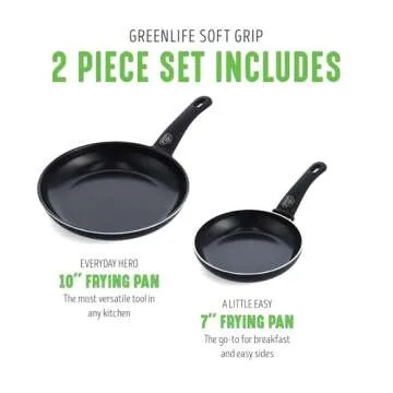 GreenLife Soft Grip Healthy Ceramic Nonstick 7" and 10" Frying Pan Set, PFAS & PFOA-Free, Dishwasher Safe, Egg Omelet Skillet, Cookware for Easy Cooking, Non-Stick Kitchen Essentials, Black