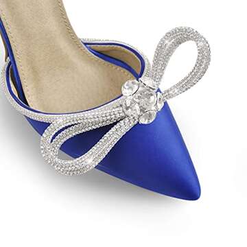 richealnini Women's Pointy Toe Satin High Heeled Rhinestone Bowknot Pumps Ankle Buckle Strap Stilettos Strappy Sandals Crystal Slim Heel Slingback Backless Wedding Evening Party Dress Blue Size 8