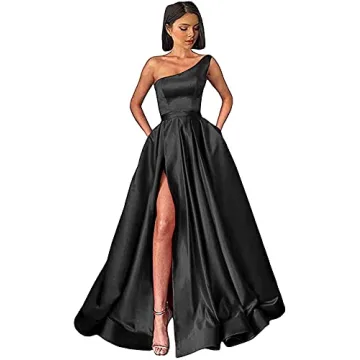 GUKARLEED High Slit Black Satin Prom Dresses for Teens One Shoulder Ball Gown Long Formal Dress with...