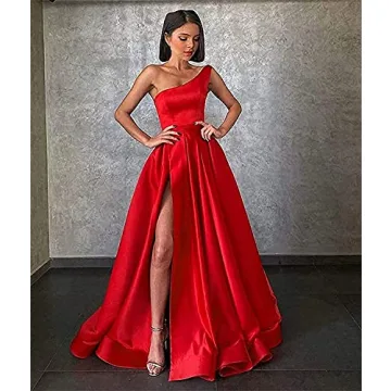 GUKARLEED High Slit Black Satin Prom Dresses for Teens One Shoulder Ball Gown Long Formal Dress with Pockets US 2