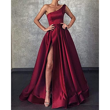 GUKARLEED High Slit Black Satin Prom Dresses for Teens One Shoulder Ball Gown Long Formal Dress with Pockets US 2