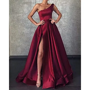 GUKARLEED High Slit Black Satin Prom Dresses for Teens One Shoulder Ball Gown Long Formal Dress with Pockets US 2