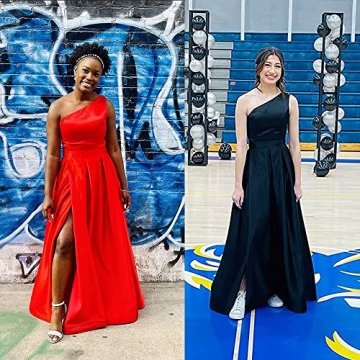 GUKARLEED High Slit Black Satin Prom Dresses for Teens One Shoulder Ball Gown Long Formal Dress with Pockets US 2