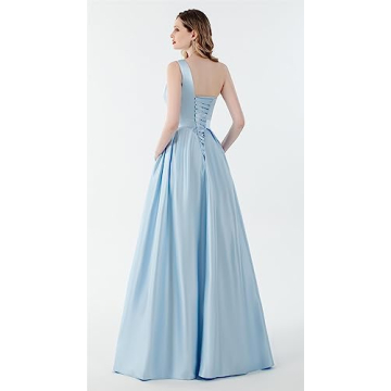 GUKARLEED High Slit Black Satin Prom Dresses for Teens One Shoulder Ball Gown Long Formal Dress with Pockets US 2