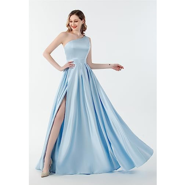 GUKARLEED High Slit Black Satin Prom Dresses for Teens One Shoulder Ball Gown Long Formal Dress with Pockets US 2