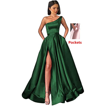 GUKARLEED High Slit Black Satin Prom Dresses for Teens One Shoulder Ball Gown Long Formal Dress with Pockets US 2