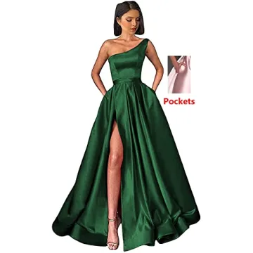 GUKARLEED High Slit Black Satin Prom Dresses for Teens One Shoulder Ball Gown Long Formal Dress with Pockets US 2