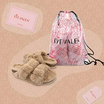 FITVALEN Open Toe Fluffy Slippers, Slippers with Arch Support for Women Adjustable Fuzzy House Slippers Cozy Cork Buckle Sandals with Faux Fur Lining for Indoor Outdoor(Camel, 8)