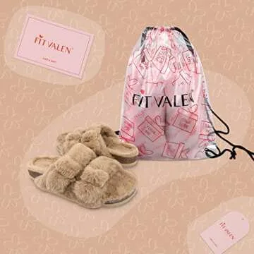 FITVALEN Open Toe Fluffy Slippers, Slippers with Arch Support for Women Adjustable Fuzzy House Slippers Cozy Cork Buckle Sandals with Faux Fur Lining for Indoor Outdoor(Camel, 8)