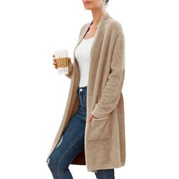 QIXING Women's Casual Open Front Knit Cardigans Long Sleeve Plush Sweater Coat with Pockets Khaki-X-Large