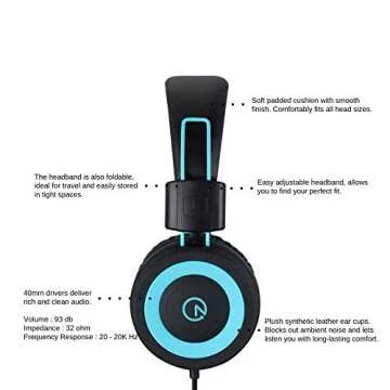 noot products Kids Headphones K11 Foldable Stereo Tangle-Free 5ft Long Cord 3.5mm Jack Plug in Wired On-Ear Headset for iPad/Amazon Kindle,Fire/Boys/Girls/School/Laptop/Travel/Plane/Tablet (Black)