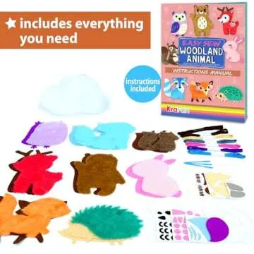 KRAFUN Easy Sewing Kit for Beginner Kids Arts & Crafts, 8 DIY Projects of Stuffed Dolls of Woodland ...