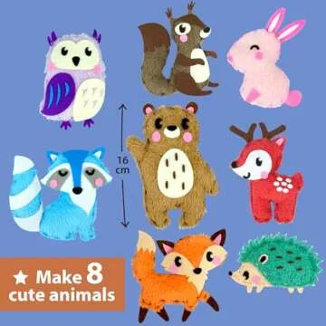 KRAFUN Easy Sewing Kit for Beginner Kids Arts & Crafts, 8 DIY Projects of Stuffed Dolls of Woodland Animals, Bear, Bunny, Fox, Owl, Instructions & Felt, Gift for Girls, Boys, Learn to Sew