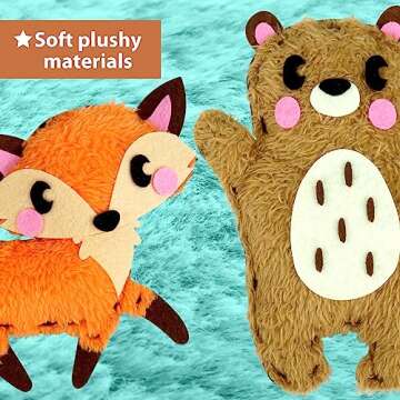 KRAFUN Easy Sewing Kit for Beginner Kids Arts & Crafts, 8 DIY Projects of Stuffed Dolls of Woodland Animals, Bear, Bunny, Fox, Owl, Instructions & Felt, Gift for Girls, Boys, Learn to Sew