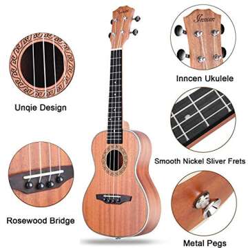 Concert Ukulele, 23 Inch Soprano Ukulele for Beginners, Waterproof Resistance Mahogany Ukuleles, Beginner Ukulele with Free Video Ukulele Lessons, Gig Bag, Tuner, Strap, String and Picks