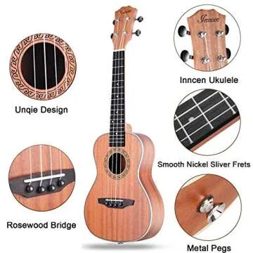 Concert Ukulele, 23 Inch Soprano Ukulele for Beginners, Waterproof Resistance Mahogany Ukuleles, Beginner Ukulele with Free Video Ukulele Lessons, Gig Bag, Tuner, Strap, String and Picks