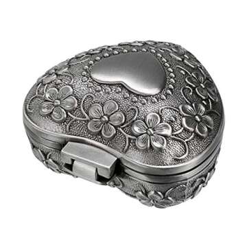 Hipiwe Vintage Heart Shape Jewelry Box - Small Antique Ring/Earrings/Necklace Storage Organizer Case, Metal Treasure Chest Trinket Keepsake Gift Box for Women And Girls