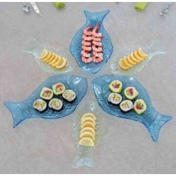 Sm Fish Shape Textured Glass Serving Dish, Food Tray or Party Platter~ G167F Blue Glass Serving Platter for Sushi, Shrimp, Fruit or Cheese