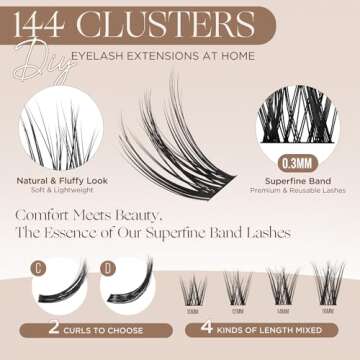 LASHVIEW Lash Clusters 144 Pcs Cluster Lashes DIY Cluster Eyelash Extensions Mega Volume Reusable Individual Lashes Cluster Volume Look Super Thin Band & Soft(D10-D-mix)