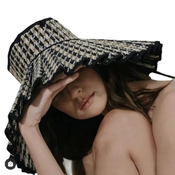 Women Summer Foldable Pleated Sun Casual Top Sunscreen Straw Hats Outdoor Beach Shade Straps Adult L...