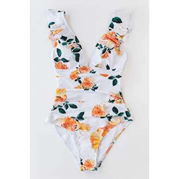CUPSHE Women's One Piece Swimsuit Ruffled V Neck Lace Up Bathing Suit, XL White Floral