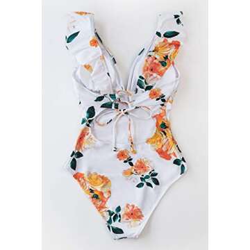 CUPSHE Women's One Piece Swimsuit Ruffled V Neck Lace Up Bathing Suit, XL White Floral