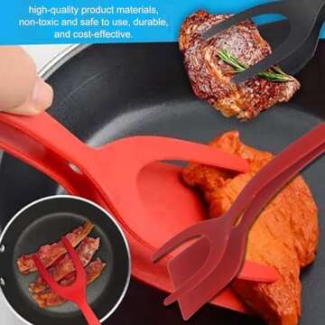 2 in 1 Grip and Flip Spatula Tongs Egg Flipper Tong Fried Egg Double Spatula, Non-Stick Food Clip Egg Turner Pancake Fish French Toast Omelet Making for Home Kitchen Cooking Tool (red), large