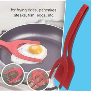 2 in 1 Grip and Flip Spatula Tongs Egg Flipper Tong Fried Egg Double Spatula, Non-Stick Food Clip Egg Turner Pancake Fish French Toast Omelet Making for Home Kitchen Cooking Tool (red), large