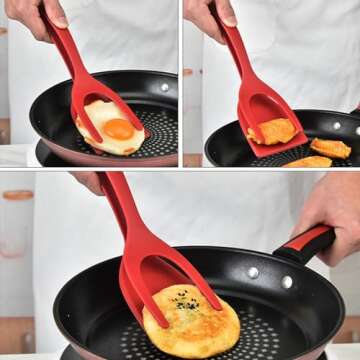 2 in 1 Grip and Flip Spatula Tongs Egg Flipper Tong Fried Egg Double Spatula, Non-Stick Food Clip Egg Turner Pancake Fish French Toast Omelet Making for Home Kitchen Cooking Tool (red), large