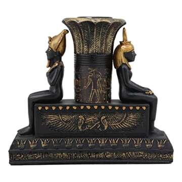Ebros Ancient Classical Egyptian Black and Gold Seated Isis and Osiris Pillar Candle Holder Figurine Candleholder Home Decor Statue As Decorative Sculpture Gods and Goddesses of Egypt Collectible