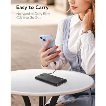 Portable Charger Built-in Cables and AC Wall Plug, USB C Power Bank 10000mAh, [2023 Upgraded Version] VRURC Phone Charger Compact Lightweight External Battery Pack for Smart Phones, Tablets-Pure Black