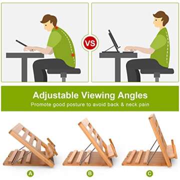 Wooden Desktop Book Stands, Adjustable Book Stand for Reading, Pezin & Hulin Cook Book Holder Seat, Bamboo Foldable Riser for Tablet, Recipe, Laptop with Page Clips