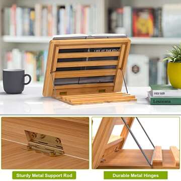 Wooden Desktop Book Stands, Adjustable Book Stand for Reading, Pezin & Hulin Cook Book Holder Seat, Bamboo Foldable Riser for Tablet, Recipe, Laptop with Page Clips