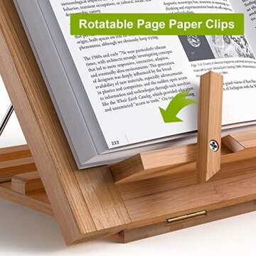 Wooden Desktop Book Stands, Adjustable Book Stand for Reading, Pezin & Hulin Cook Book Holder Seat, Bamboo Foldable Riser for Tablet, Recipe, Laptop with Page Clips