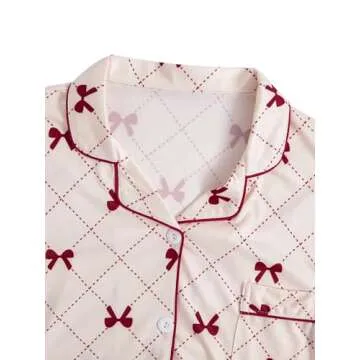 Verdusa Women's 2 Piece Pajama Sets Cute Printed Pj Set Button Up Shirts with Shorts Lounge Sleepwear Bow Beige X-Large