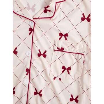 Verdusa Women's 2 Piece Pajama Sets Cute Printed Pj Set Button Up Shirts with Shorts Lounge Sleepwear Bow Beige X-Large
